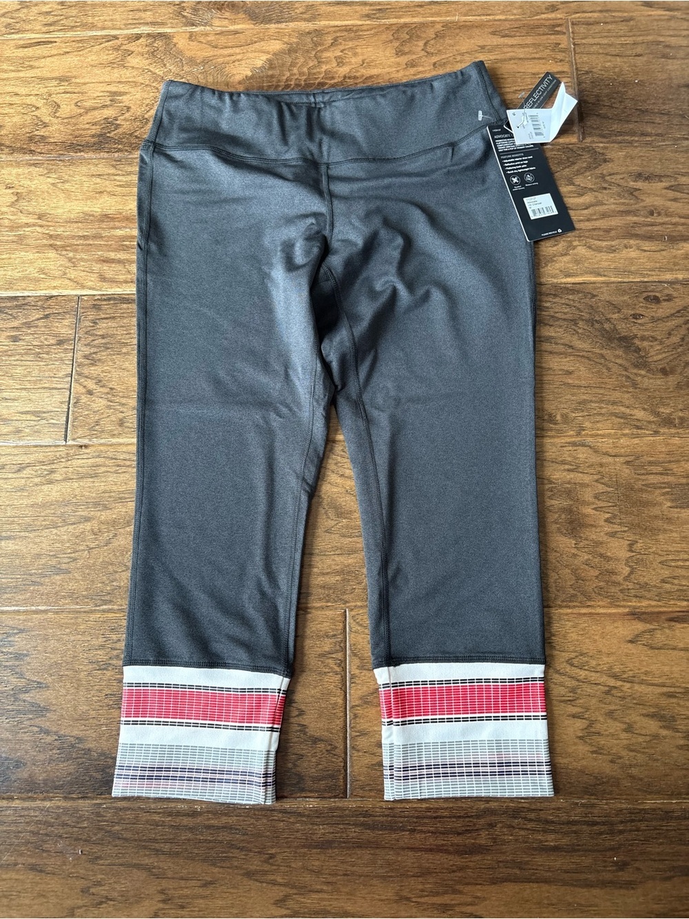 MPG Black Capri Leggings with Red and Cream Striped Cuffs
